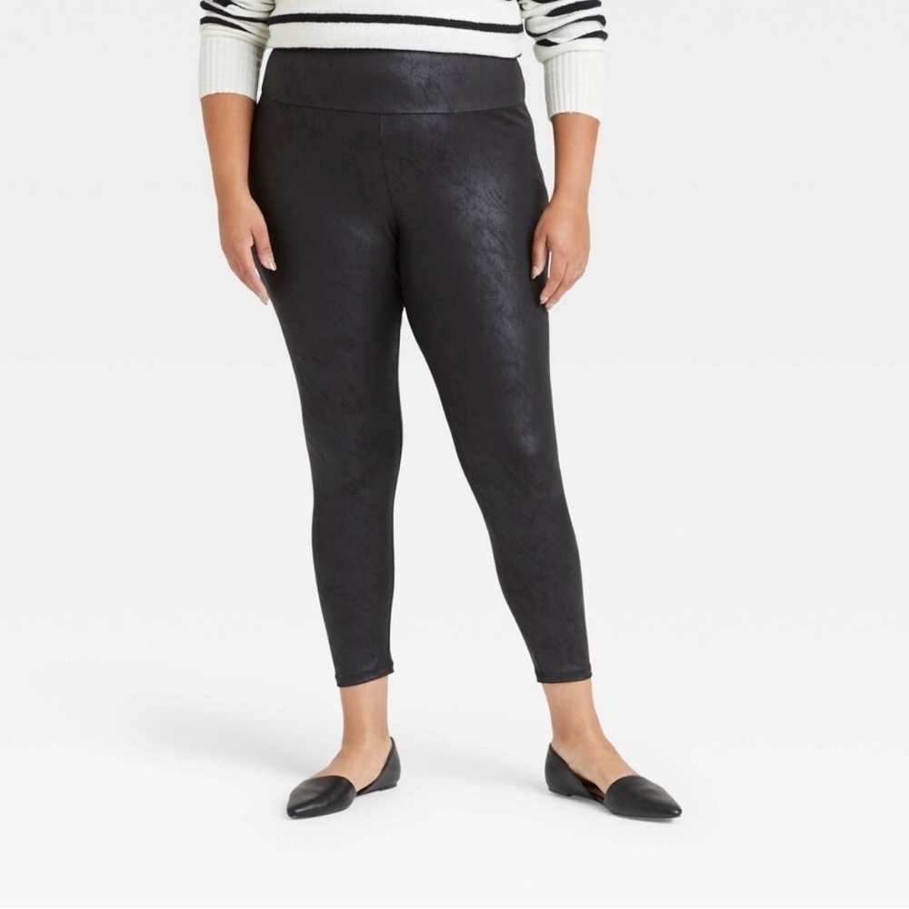 Ava & Viv Women's Plus Size High-Waisted Liquid Shine Leggings, Black, 1X